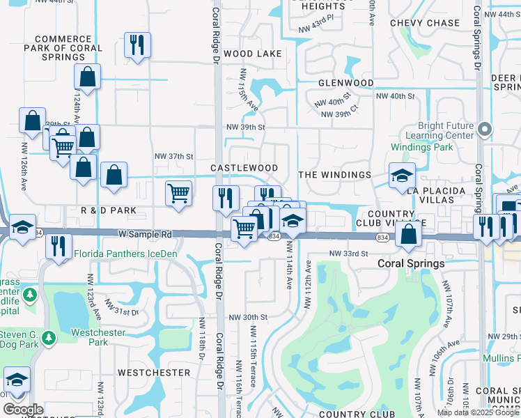 map of restaurants, bars, coffee shops, grocery stores, and more near 3501 Northwest 114th Lane in Coral Springs