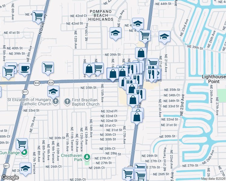 map of restaurants, bars, coffee shops, grocery stores, and more near 1611 Northeast 34th Court in Pompano Beach