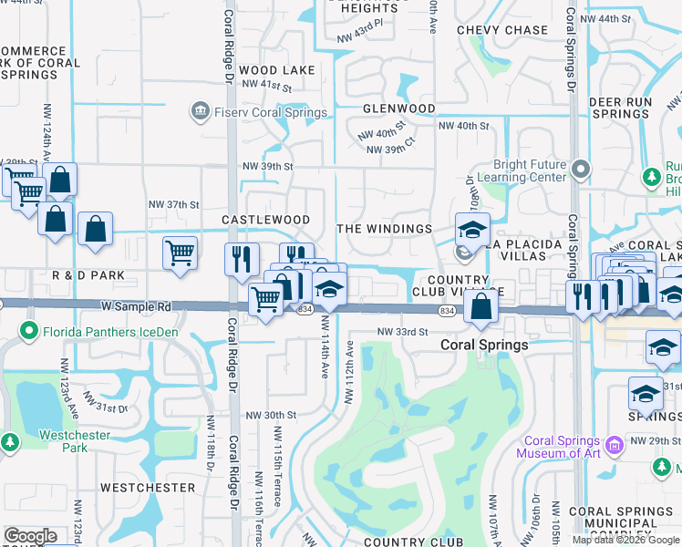 map of restaurants, bars, coffee shops, grocery stores, and more near 3457 Northwest 112th Way in Coral Springs