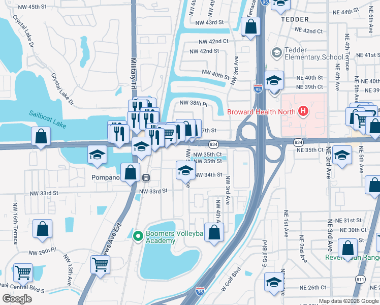 map of restaurants, bars, coffee shops, grocery stores, and more near 3551 Northwest 5th Terrace in Pompano Beach