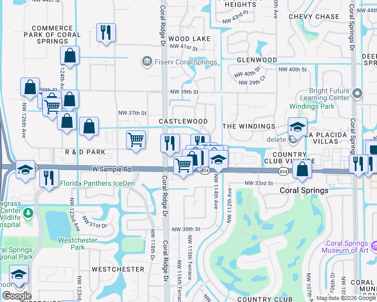 map of restaurants, bars, coffee shops, grocery stores, and more near 3502 Northwest 114th Lane in Pompano Beach