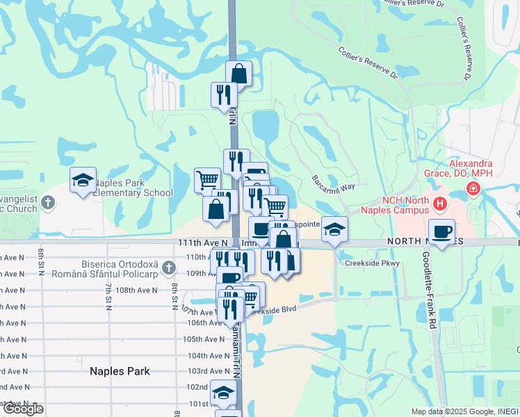 map of restaurants, bars, coffee shops, grocery stores, and more near 1001 Crosspointe Drive in Naples