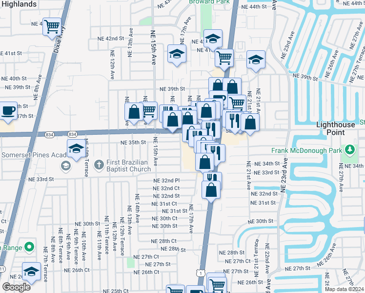 map of restaurants, bars, coffee shops, grocery stores, and more near 3459 North Federal Highway in Pompano Beach
