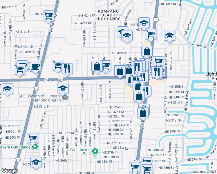 map of restaurants, bars, coffee shops, grocery stores, and more near 1501 Northeast 34th Court in Pompano Beach
