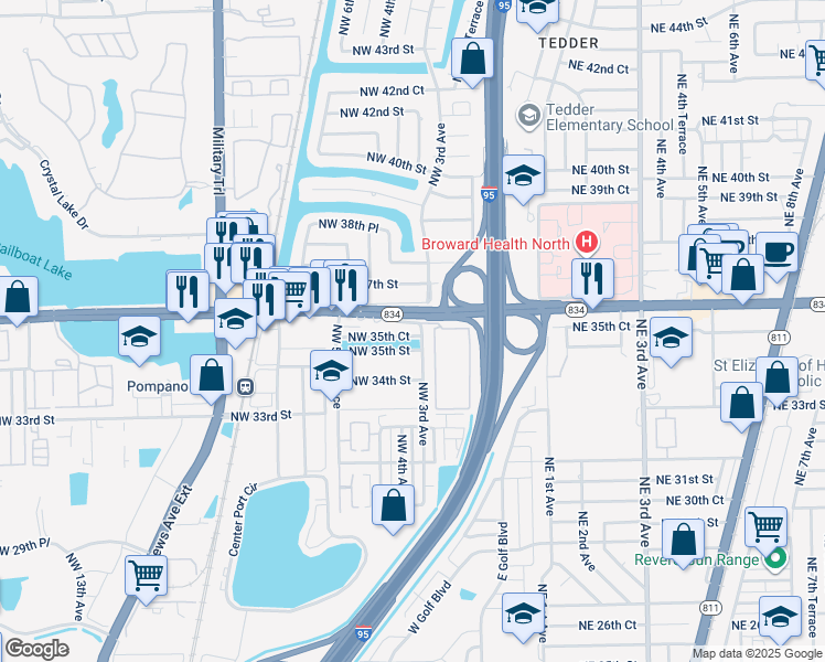 map of restaurants, bars, coffee shops, grocery stores, and more near 341 Northwest 35th Court in Pompano Beach