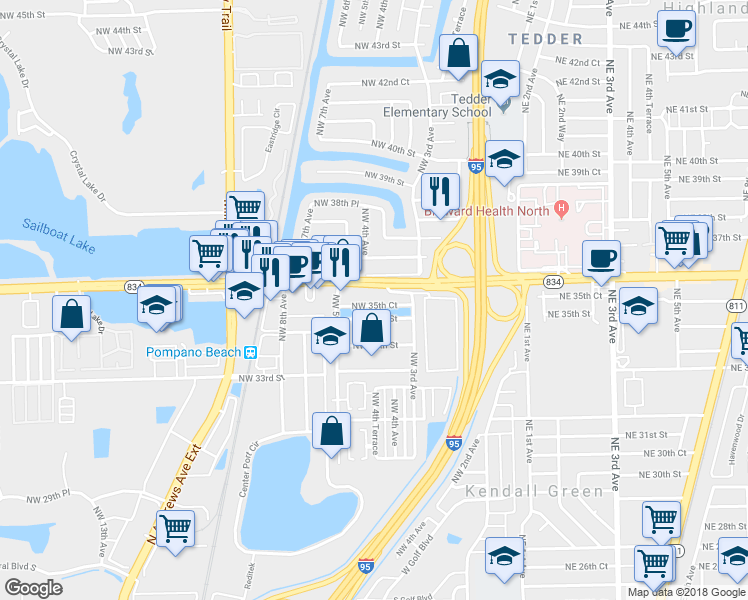 map of restaurants, bars, coffee shops, grocery stores, and more near 461 Northwest 35th Court in Pompano Beach