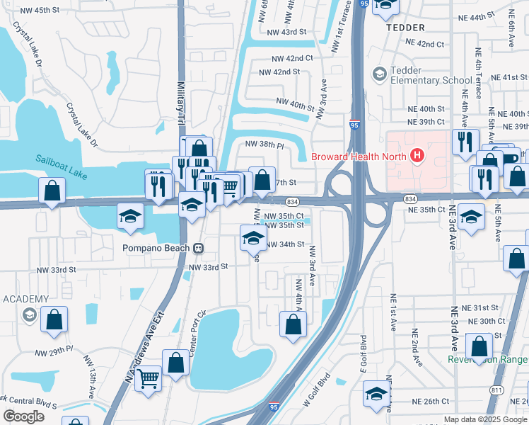 map of restaurants, bars, coffee shops, grocery stores, and more near 3551 Northwest 5th Terrace in Pompano Beach