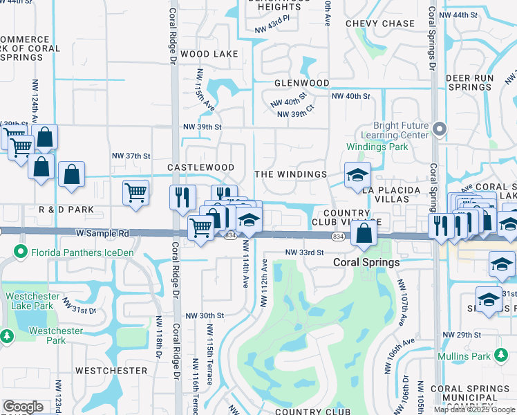 map of restaurants, bars, coffee shops, grocery stores, and more near 3457 Northwest 112th Way in Coral Springs