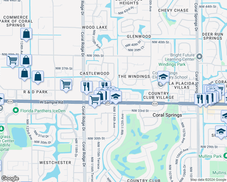 map of restaurants, bars, coffee shops, grocery stores, and more near 11453 Northwest 35th Street in Coral Springs