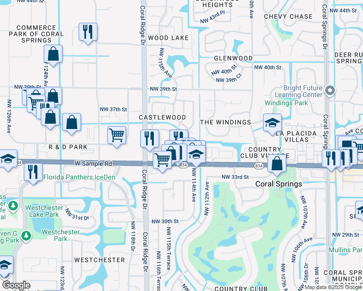 map of restaurants, bars, coffee shops, grocery stores, and more near 11453 Northwest 35th Street in Coral Springs