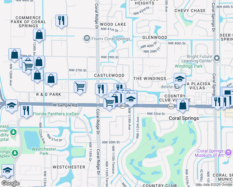 map of restaurants, bars, coffee shops, grocery stores, and more near 3501 Northwest 114th Lane in Coral Springs