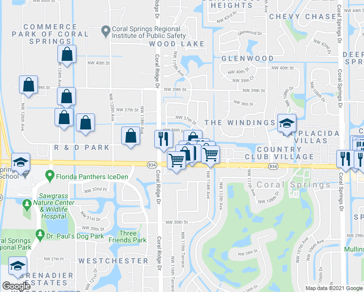map of restaurants, bars, coffee shops, grocery stores, and more near 3501 Northwest 114th Lane in Coral Springs