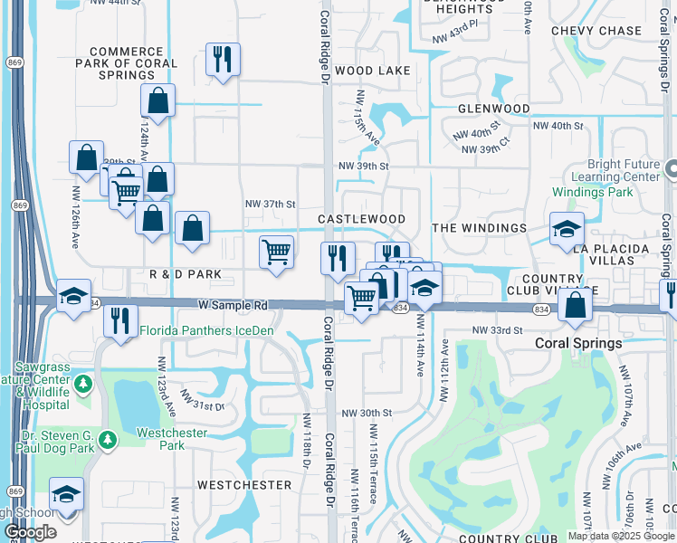 map of restaurants, bars, coffee shops, grocery stores, and more near 11605 Northwest 35th Street in Coral Springs