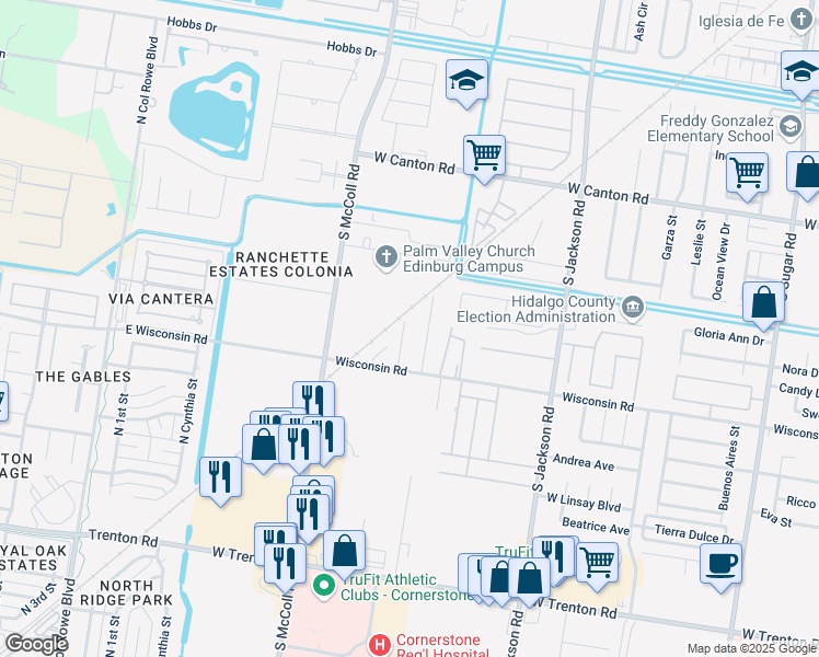 map of restaurants, bars, coffee shops, grocery stores, and more near 2413 West Wisconsin Road in Edinburg