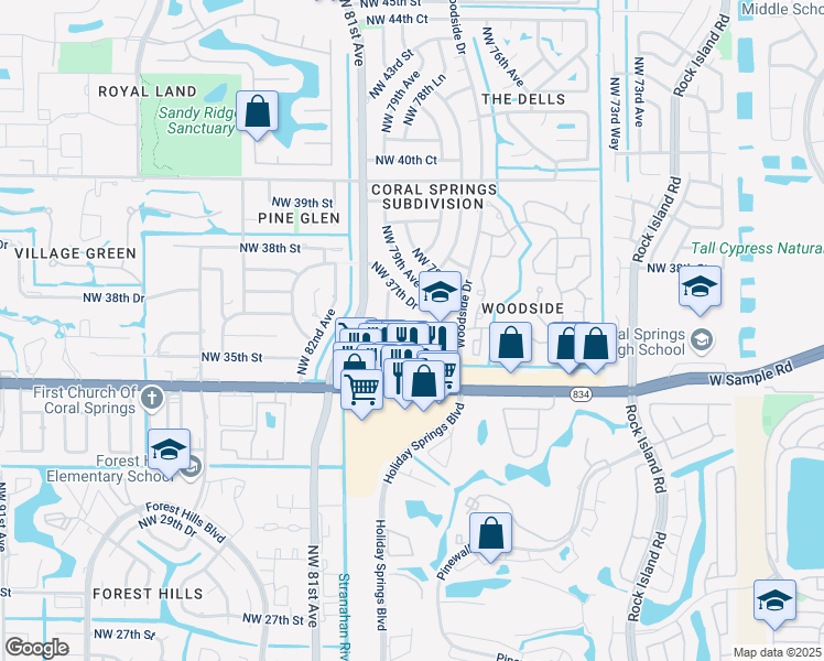 map of restaurants, bars, coffee shops, grocery stores, and more near 7800 Northwest 35th Court in Coral Springs
