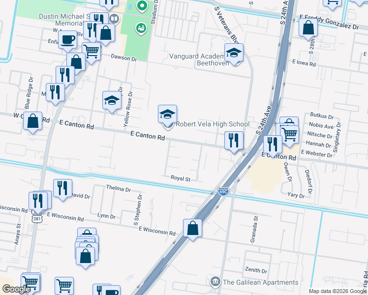 map of restaurants, bars, coffee shops, grocery stores, and more near 808 East Canton Road in Edinburg