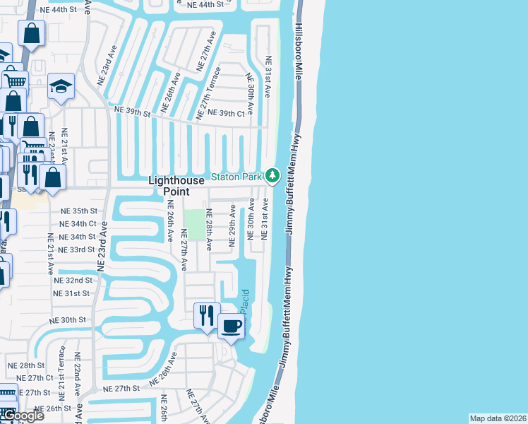 map of restaurants, bars, coffee shops, grocery stores, and more near 3481 Northeast 31st Avenue in Lighthouse Point