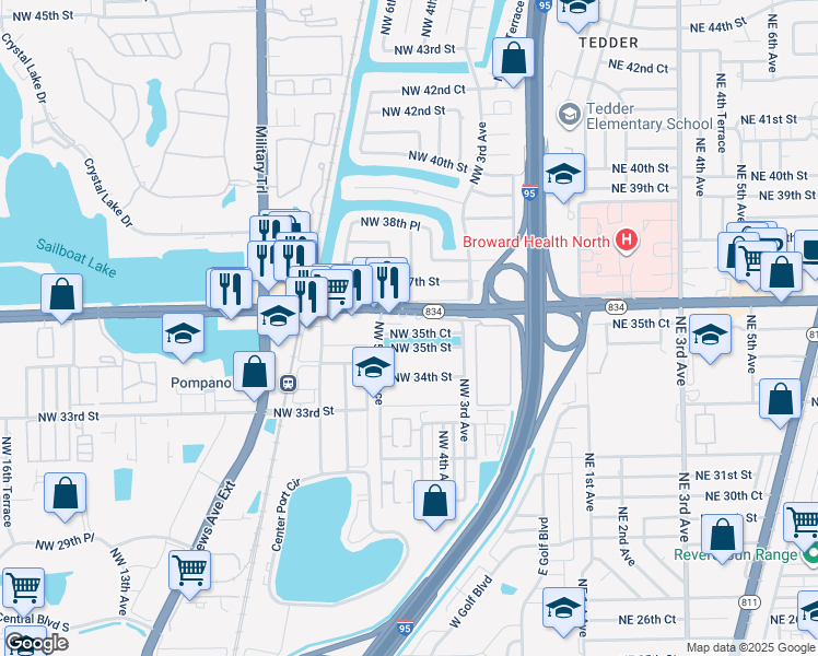map of restaurants, bars, coffee shops, grocery stores, and more near 461 Northwest 35th Court in Pompano Beach