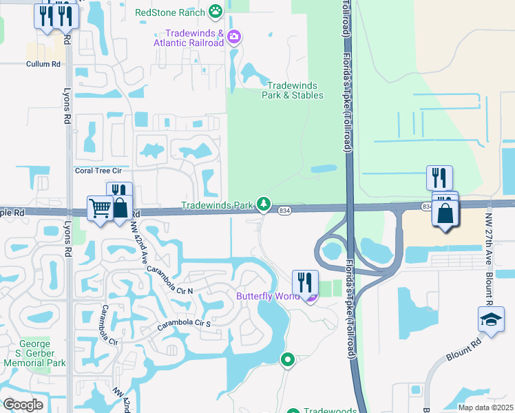map of restaurants, bars, coffee shops, grocery stores, and more near 3600 and 3601 West Sample Road in Coconut Creek