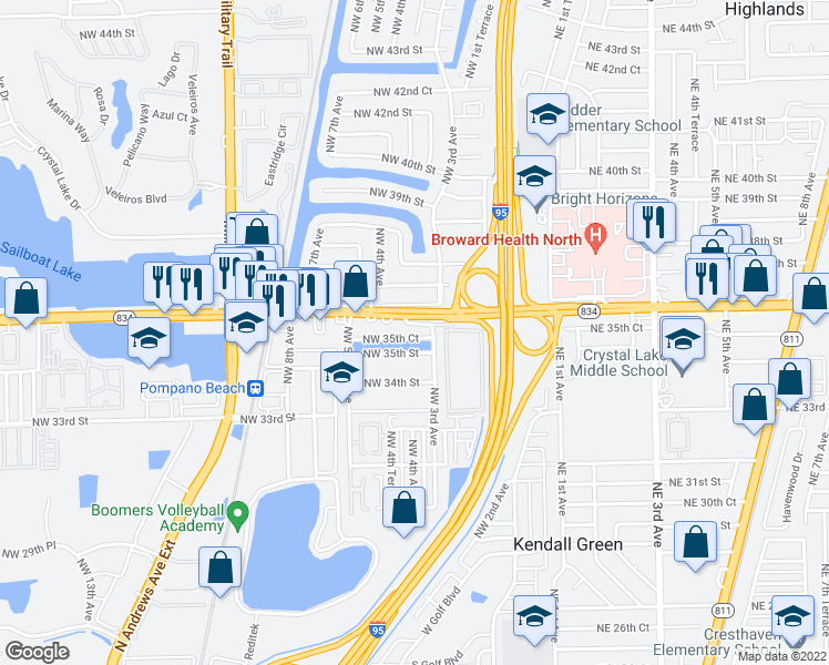 map of restaurants, bars, coffee shops, grocery stores, and more near 341 Northwest 35th Court in Pompano Beach