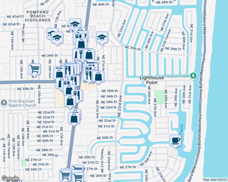 map of restaurants, bars, coffee shops, grocery stores, and more near 2220 Northeast 35th Street in Lighthouse Point