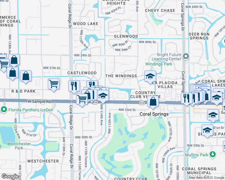 map of restaurants, bars, coffee shops, grocery stores, and more near 3457 Northwest 112th Way in Coral Springs