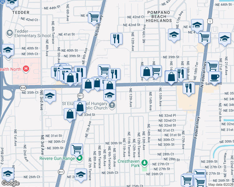 map of restaurants, bars, coffee shops, grocery stores, and more near 3450 Northeast 10th Terrace in Pompano Beach
