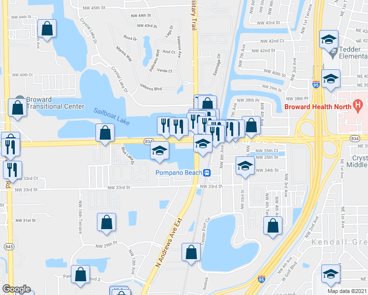 map of restaurants, bars, coffee shops, grocery stores, and more near 1050 West Sample Road in Pompano Beach