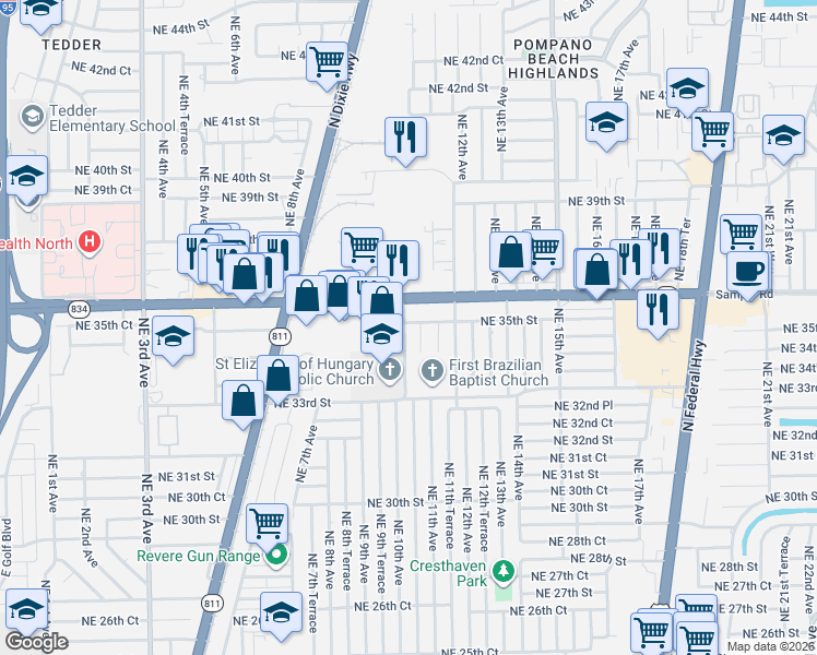 map of restaurants, bars, coffee shops, grocery stores, and more near 3440 Northeast 10th Terrace in Pompano Beach