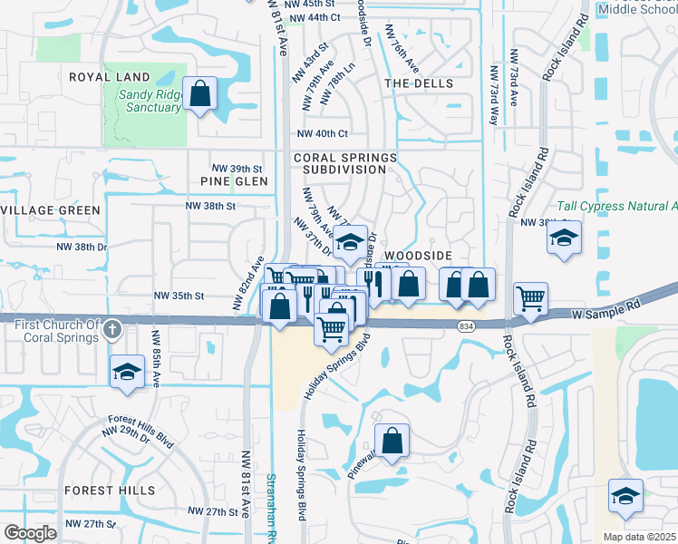 map of restaurants, bars, coffee shops, grocery stores, and more near 7800 Northwest 35th Court in Coral Springs