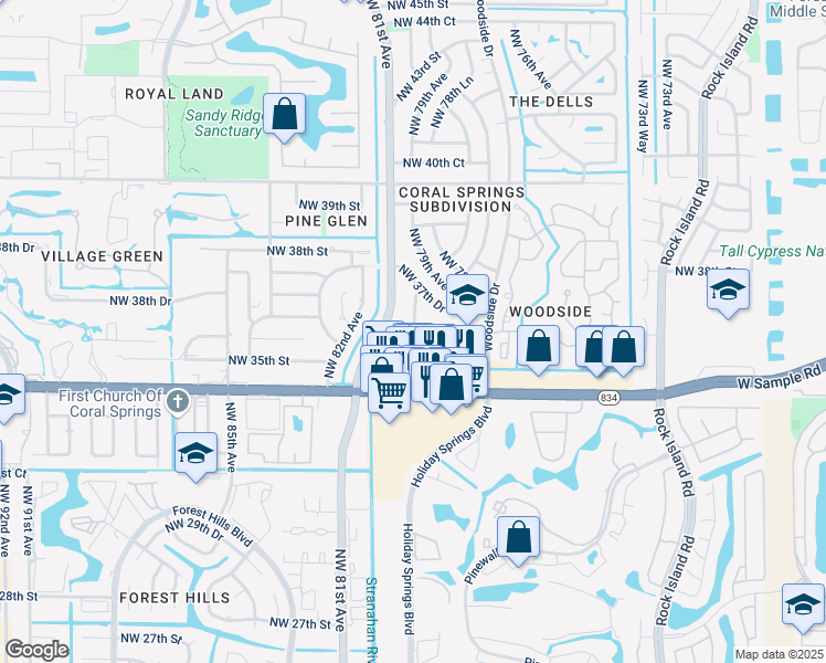 map of restaurants, bars, coffee shops, grocery stores, and more near 7973 Northwest 35th Court in Coral Springs
