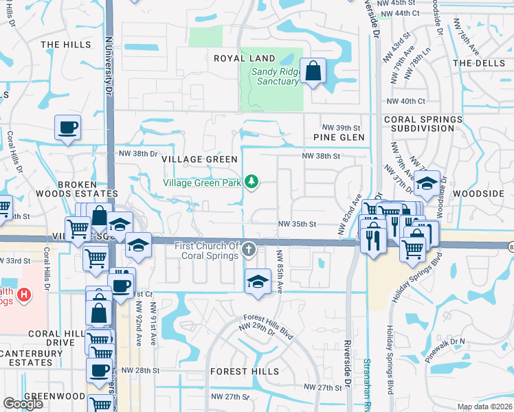 map of restaurants, bars, coffee shops, grocery stores, and more near 35 Kathy Court in Coral Springs