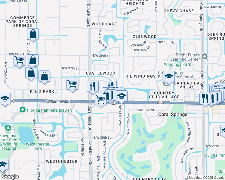 map of restaurants, bars, coffee shops, grocery stores, and more near 11453 Northwest 35th Street in Coral Springs