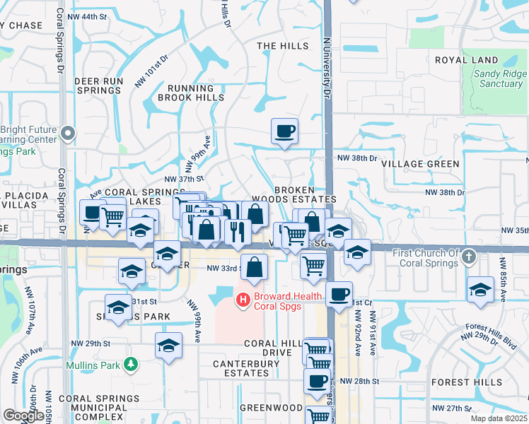 map of restaurants, bars, coffee shops, grocery stores, and more near 9606 Northwest 35th Court in Coral Springs
