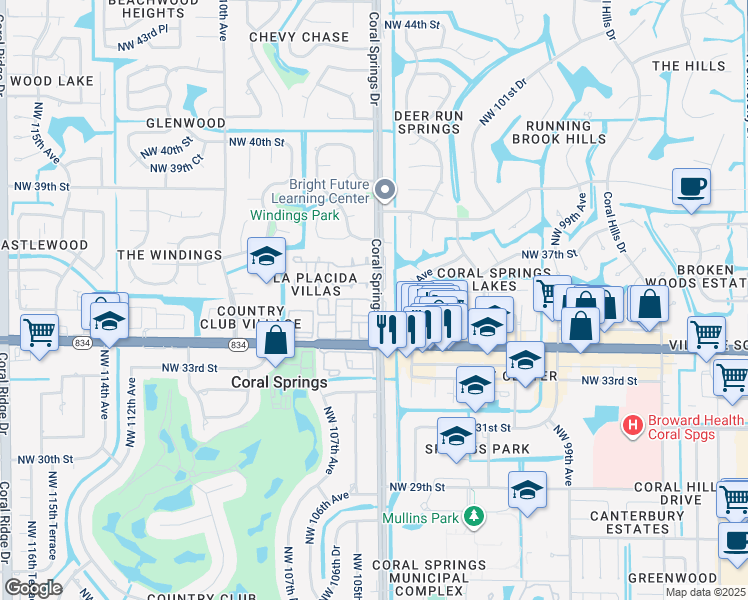 map of restaurants, bars, coffee shops, grocery stores, and more near 3468 Coral Springs Drive in Coral Springs