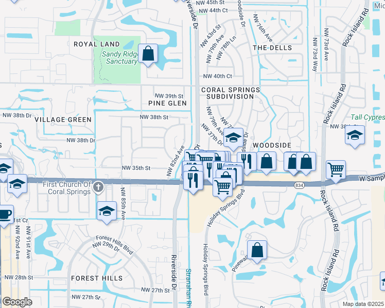 map of restaurants, bars, coffee shops, grocery stores, and more near 3600 Northwest 81st Avenue in Coral Springs
