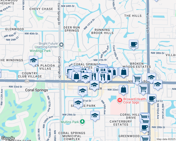 map of restaurants, bars, coffee shops, grocery stores, and more near 10120 Northwest 36th Street in Coral Springs