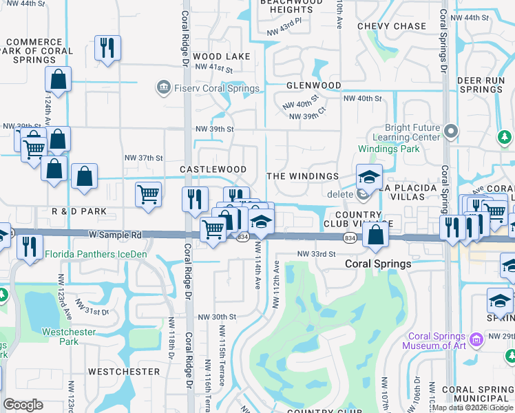 map of restaurants, bars, coffee shops, grocery stores, and more near 11453 Northwest 35th Street in Coral Springs