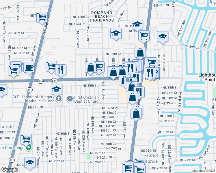 map of restaurants, bars, coffee shops, grocery stores, and more near 1501 Northeast 34th Court in Pompano Beach