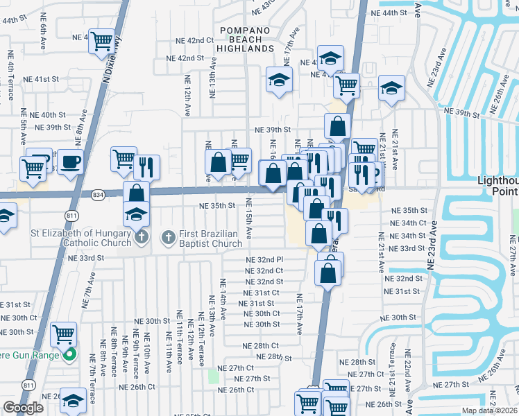 map of restaurants, bars, coffee shops, grocery stores, and more near 1501 Northeast 34th Court in Pompano Beach