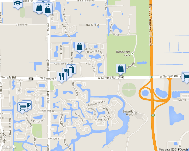 map of restaurants, bars, coffee shops, grocery stores, and more near 44 Coraltree Terrace in Coconut Creek