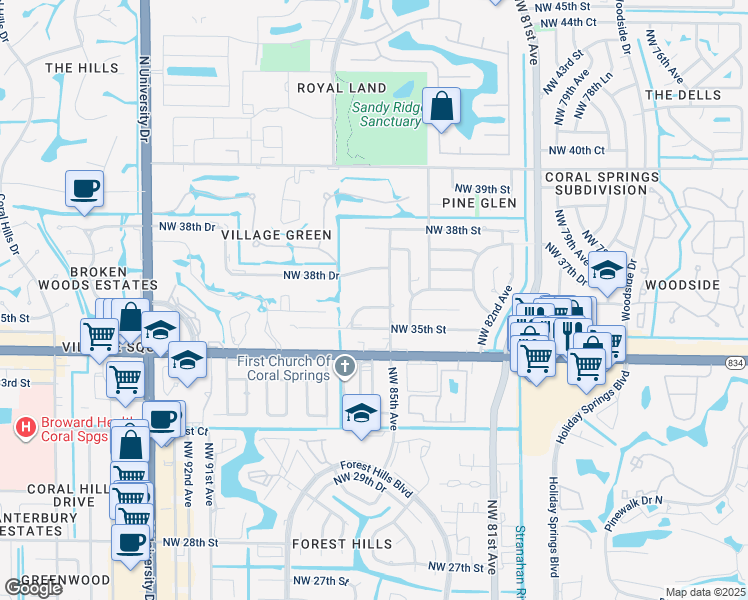 map of restaurants, bars, coffee shops, grocery stores, and more near 35 Kathy Court in Coral Springs