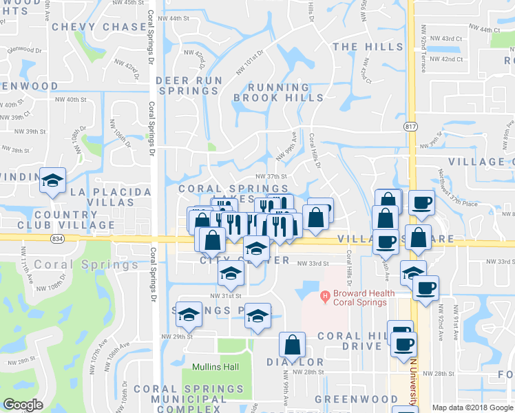 map of restaurants, bars, coffee shops, grocery stores, and more near 10071 Northwest 35th Street in Coral Springs