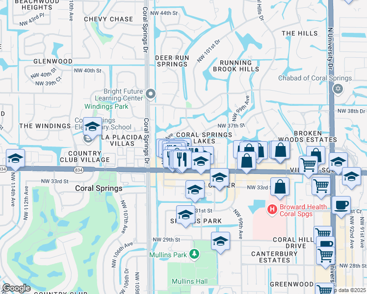 map of restaurants, bars, coffee shops, grocery stores, and more near 10301 Northwest 35th Street in Coral Springs