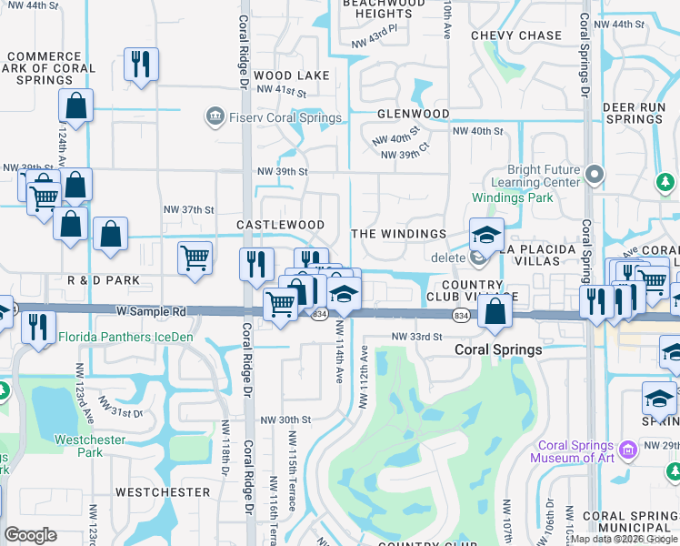 map of restaurants, bars, coffee shops, grocery stores, and more near 11453 Northwest 35th Street in Coral Springs