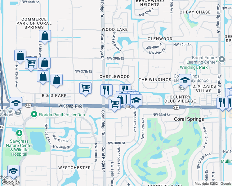 map of restaurants, bars, coffee shops, grocery stores, and more near 3501 Northwest 114th Lane in Coral Springs