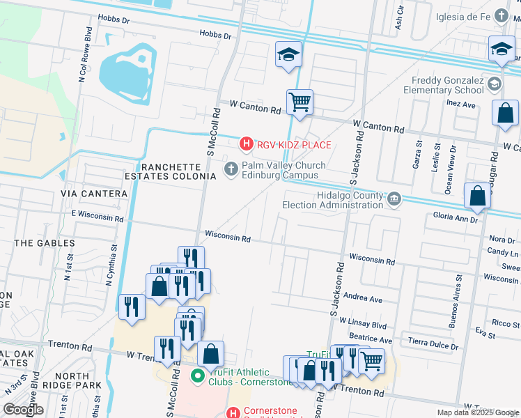 map of restaurants, bars, coffee shops, grocery stores, and more near 2415 West Wisconsin Road in Edinburg