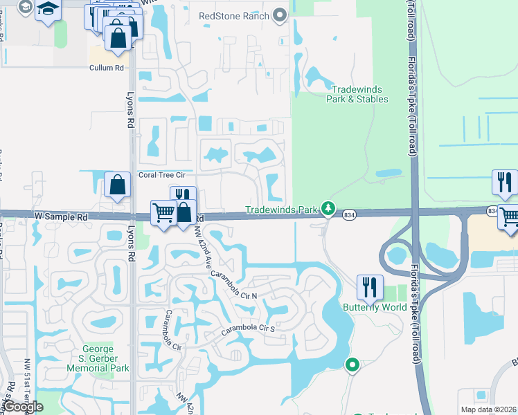 map of restaurants, bars, coffee shops, grocery stores, and more near 44 Coraltree Terrace in Coconut Creek