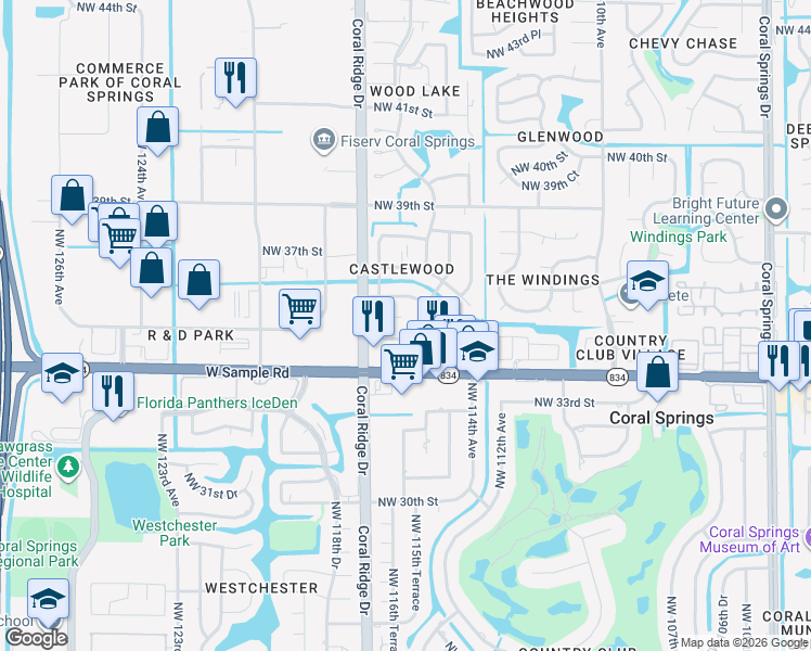 map of restaurants, bars, coffee shops, grocery stores, and more near 3501 Northwest 114th Lane in Coral Springs