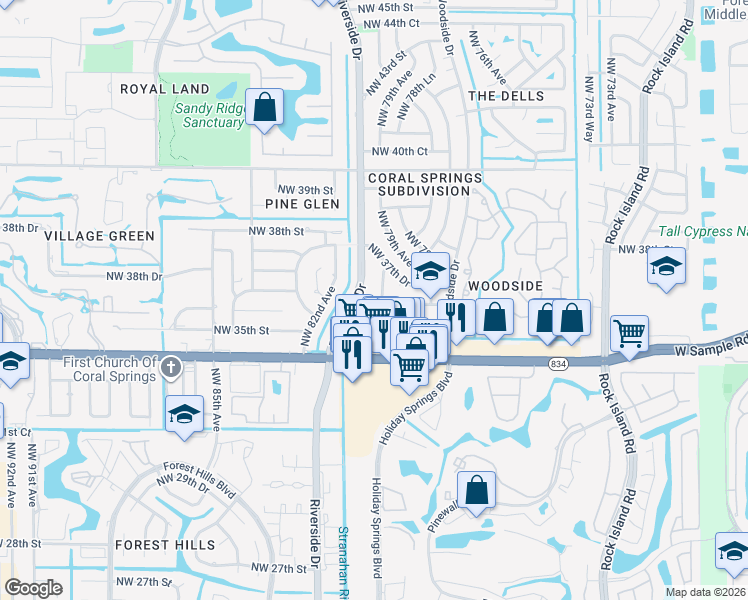 map of restaurants, bars, coffee shops, grocery stores, and more near 8011 Northwest 35th Court in Coral Springs